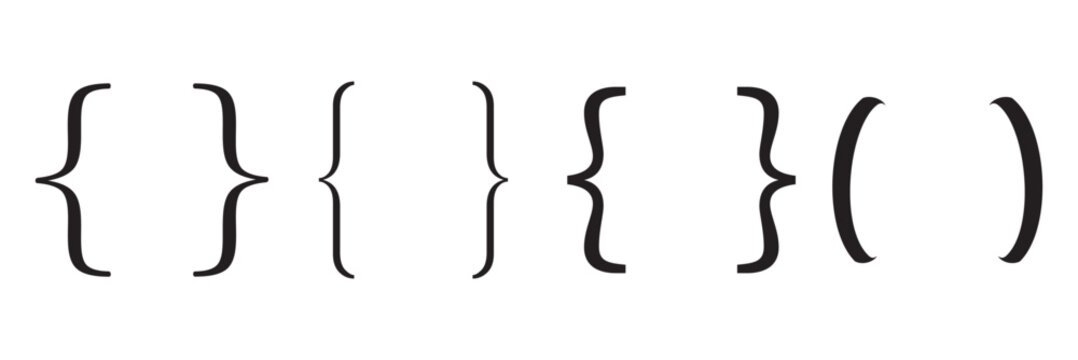 Text brackets. Curly bracket icons, typography braces pairs for quotation frame banners and quote box designs. Texting borders isolated vector symbols set.
