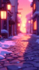 Cozy Street in Twilight: An enchanting cobblestone street is enveloped by a gentle snowfall, illuminated by the warm glow of hanging lanterns, evoking a sense of tranquility.