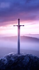 Excalibur's Embrace: A solitary sword, reminiscent of Excalibur, embedded in stone against a dramatic, moody sky. Capturing a sense of legend and ancient power.
