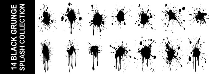 Black ink splatter isolated on white background. Vector watercolor paint brush texture. Ink splash and stain set. Grunge spray drop spatter, dirty blot splatters and splat. Abstract splash blobs