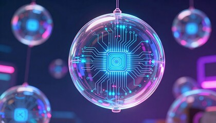 Glowing circuit board spheres in neon blue and pink hues