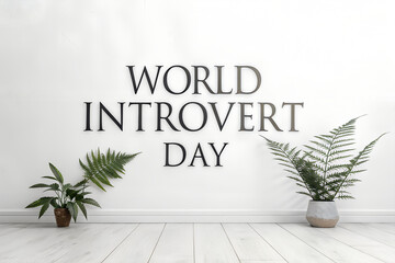 World Introvert Day Minimalist Interior: Potted Plants on Wooden Floor with Bold Wall Text Celebrating Calm, Space, and Quiet Reflection generative ai