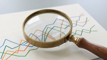 A magnifying glass lies on a white paper with colorful line graphs, symbolizing analysis and investigation.