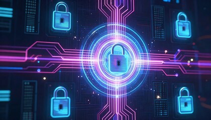 Vibrant digital padlock icons glowing in neon cyber security concept