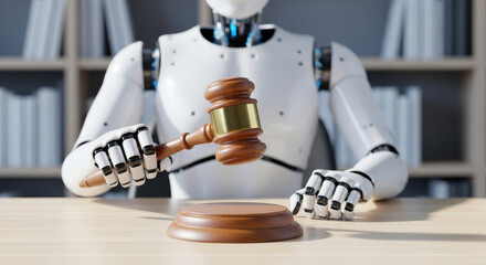 AI Robot Judge with Gavel in Courtroom for Future Law and Artificial Intelligence Justice Concept