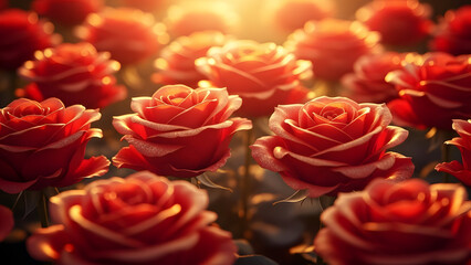 vivid orange roses with dewy petals basking in warm golden sunlight during early morning hours creating a mesmerizing floral landscape with lush greenery in the background and a tranquil natural