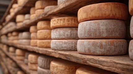 Aged Cheese on Wooden Shelves with Textured Rinds Showcasing the Art of Aging in a Rustic Environment