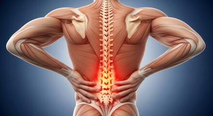 Anatomical Illustration of Human Back, Spine, and Muscles with Lumbar Pain Indication