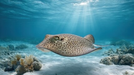Underwater Shot of a Spotted Ray Floating Effortlessly Through Clear Blue Water with Sunlight Filtering in Over Coral Reef
