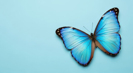 Blue morpho butterfly on blue background, nature and wildlife concept with copy space