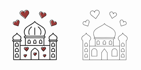 Fototapeta premium Beautiful mosque illustration with hearts for islamic love and charity concept in two versions colored and outline