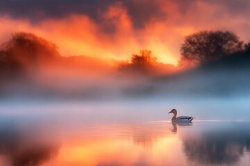 Serene Sunrise on Lake: A tranquil lake shimmers with the ethereal glow of sunrise, reflecting the warm hues of the sky and the gentle silhouette of a solitary duck.