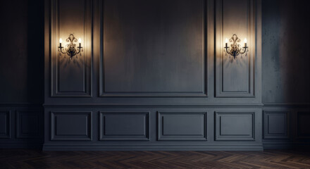 Dark classic room interior with wall molding, vintage sconces and herringbone floor background