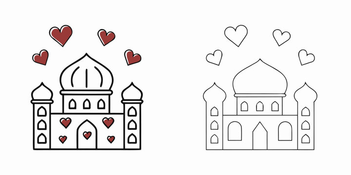 Beautiful mosque illustration with hearts for islamic love and charity concept in two versions colored and outline