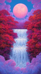 Serene Waterfall Landscape: A majestic waterfall cascades down tiered levels, embraced by lush, vibrant red foliage under the soft glow of a full moon. This picturesque scene emanates tranquility.
