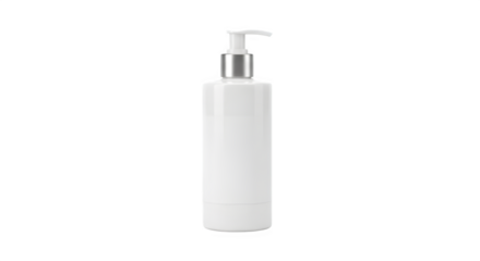 Minimalist white plastic pump dispenser bottle for liquid soap or lotion, isolated on white background