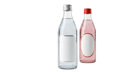 Two glass bottles with condensation, clear water and pink lemonade, blank labels for product branding