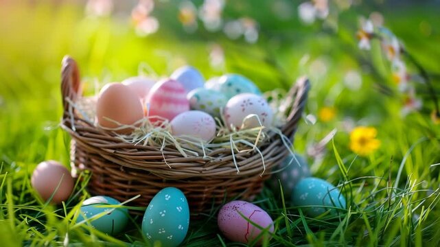 A vibrant basket full of colorful Easter eggs nestled in a bed of green grass. The sunlight illuminates the scene, bringing the pastel hues of the eggs to life. 