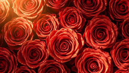 Close-up of vibrant red roses with dew drops on their petals creating a rich, lush floral display full of deep color and intricate details for nature lovers and floral enthusiasts