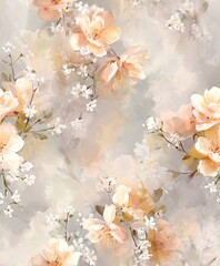 Delicate, elegant, vintage watercolor seamless pattern with white hyacinth blooms, placed sparsely on an airy ethereal background with generous white space