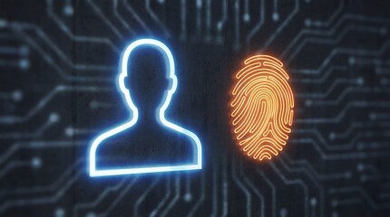 A futuristic illustration of a person's profile and fingerprint on a circuit board background