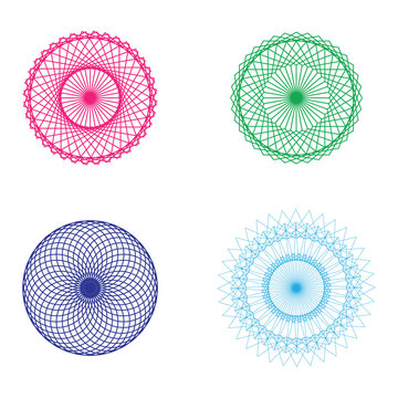 Set of four geometric spirograph mandala shapes in vibrant colors pink green blue and light blue with intricate line patterns on a white background design element