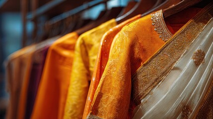 Different colored saris displayed on hangers in a clothing store during a late afternoon