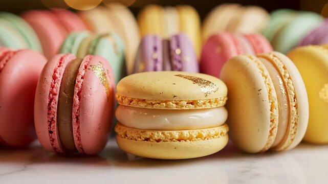 Colorful macarons arranged close up for culinary and dessert concepts