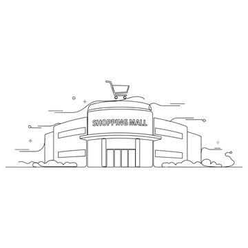 Modern shopping mall exterior line art with minimalist design and shopping cart icon, no editable stroke