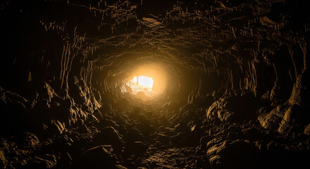Lava tube cave interior showing bright light at tunnel exit