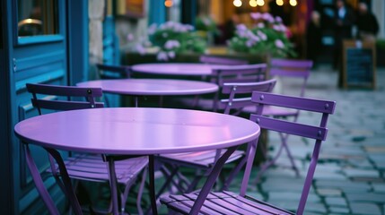 A row of purple chairs are set up outside a restaurant. The chairs are arranged around a round table, and there are several potted plants in the background. The scene gives off a cozy