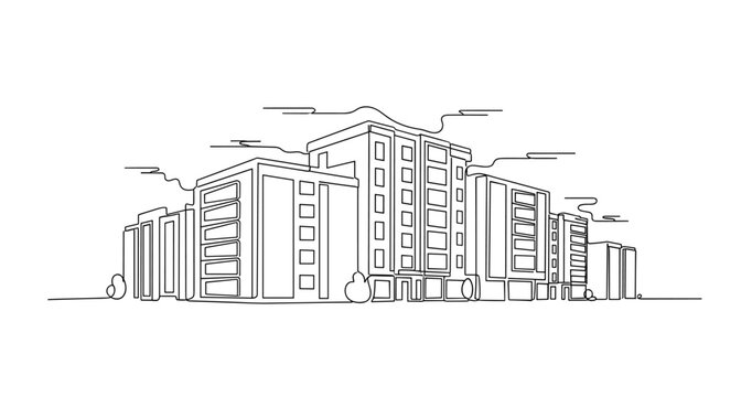 Modern urban apartment complex line drawing with clouds, no editable stroke