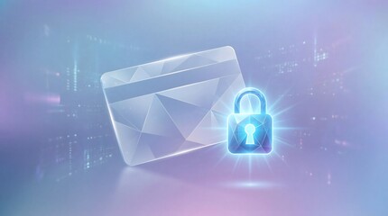 A secure credit card with a glowing blue lock on a futuristic purple background