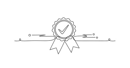 Artistic continuous line drawing of a certificate with check mark emblem, no editable stroke