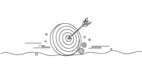 Bullseye with arrow and gears in minimalist style black and white line art, no editable stroke