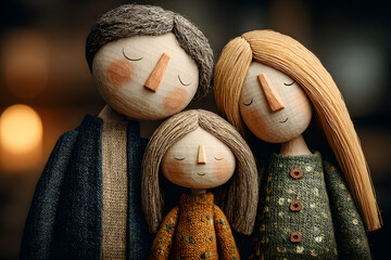 wooden doll family happy face, family home, adoption foster care, homeless support , family mental health, domestic violence, social distancing