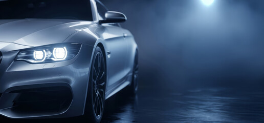 Modern Silver Luxury Car Front View with Bright Headlights in Dark Foggy Blue Night Background