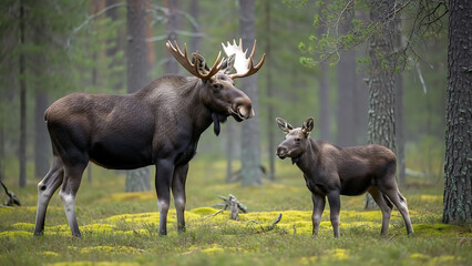 Two moose standing in a forest clearing with trees and moss on the ground, large antlers on the adult moose