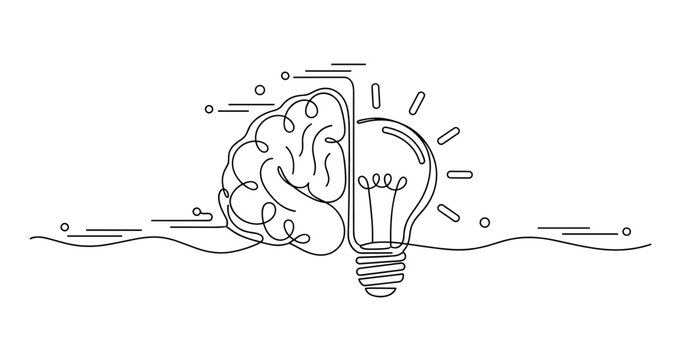Abstract line art of brain and lightbulb symbolizing creativity and innovation, no editable stroke