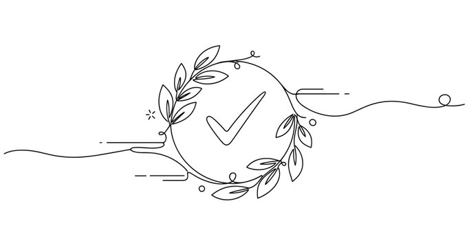Elegant floral checkmark in circular line art design, no editable stroke