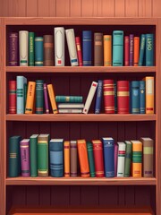 Fototapeta premium A simple, clean illustration of a wooden bookshelf, filled with various books , clean, minimalist