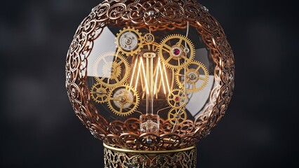 Intricate steampunk light bulb with visible clockwork gears and filament glowing warmly