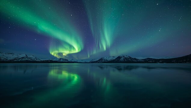 Vibrant Aurora Borealis over a frozen lake in Iceland at night - Powered by Adobe