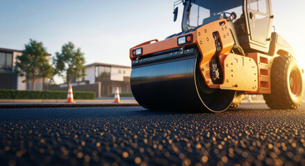 Road roller compactor machine paving fresh asphalt on street during sunset construction work