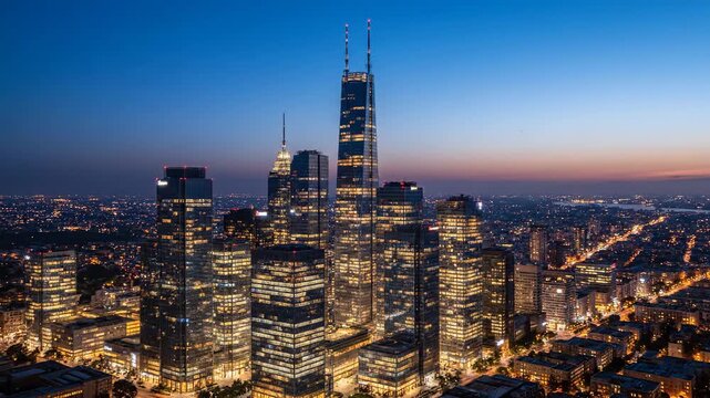 Panoramic view of a modern cityscape at dusk with illuminated skyscrapers and a gradient blue and orange sky.