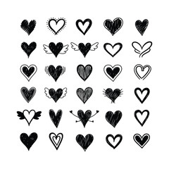 25 Hand-Drawn Black & White Heart Icons Set: Solid, Outline, Wings, Radiating Lines, Unique Vector Graphics for Design & Web