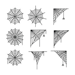 Black and White Spider Web Icons Set: 9 Line Art Graphics for Halloween, Spooky Designs, Arachnid Themes, Circular & Corner Web Illustrations with Dangling Spiders
