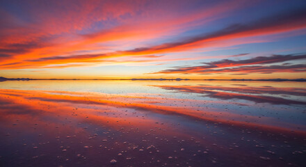 Vivid Sunset Reflection on Salt Flat Mirror Effect Landscape