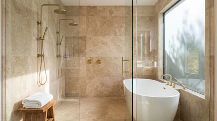 Modern luxury bathroom interior with beige stone tiles, gold fixtures, a freestanding bathtub, and a glass walk-in shower. Bright spa-like space with natural light and a wooden stool.