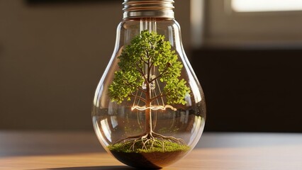 Tiny tree flourishes inside a lightbulb, symbolizing growth and sustainable ideas.